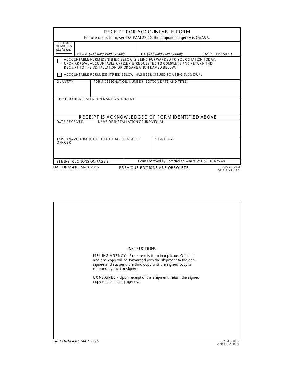DA Form 410 Receipt for Accountable Form, Page 3