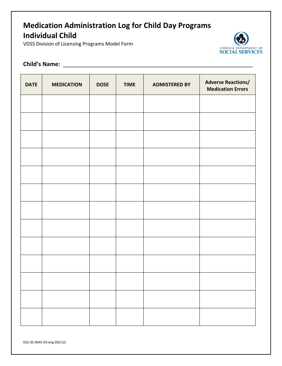 Form 032-05-0045-03 Medication Administration Log for Child Day Programs Individual Child Vdss Division of Licensing Programs Model Form - Virginia, Page 1