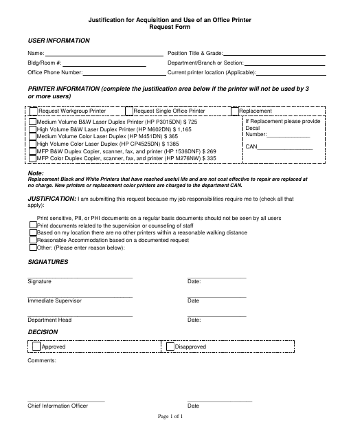 Justification for Acquisition and Use of an Office Printer Request Form Download Pdf