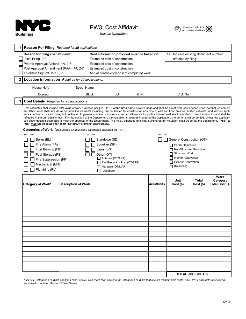 Form PW3 Cost Affidavit - New York City, Page 1