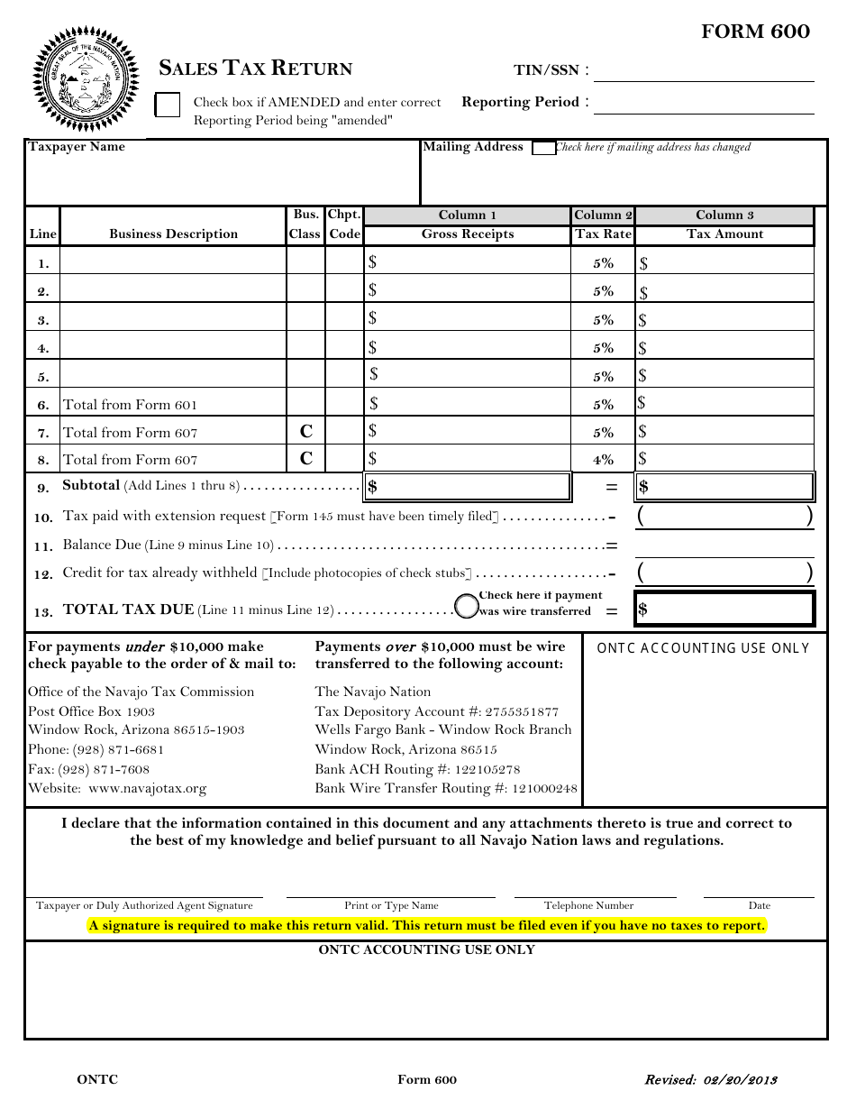 Arizona Form 600 Navajo Sales Tax Return - Arizona, Page 1