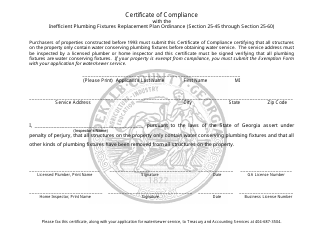 Document preview: Certificate of Compliance With the Inefficient Plumbing Fixtures Replacement Plan Ordinance (Section 25-45 Through Section 25-60) - Dekalb County, Georgia (United States)