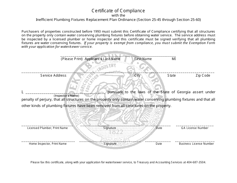 Certificate of Compliance With the Inefficient Plumbing Fixtures Replacement Plan Ordinance (Section 25-45 Through Section 25-60) - Dekalb County, Georgia (United States) Download Pdf