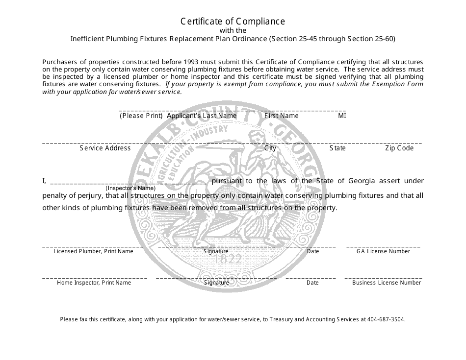 Certificate of Compliance With the Inefficient Plumbing Fixtures Replacement Plan Ordinance (Section 25-45 Through Section 25-60) - Dekalb County, Georgia (United States), Page 1
