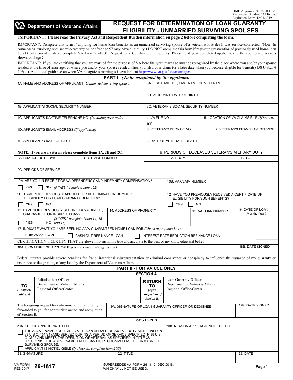 VA Form 26-1817 Request for Determination of Loan Guaranty Eligibility for Unmarried Surviving Spouses, Page 1
