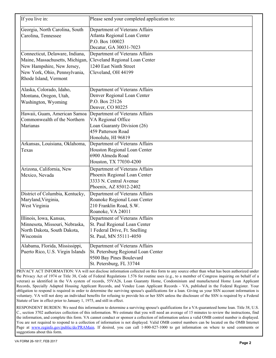 VA Form 26-1817 Request for Determination of Loan Guaranty Eligibility for Unmarried Surviving Spouses, Page 2