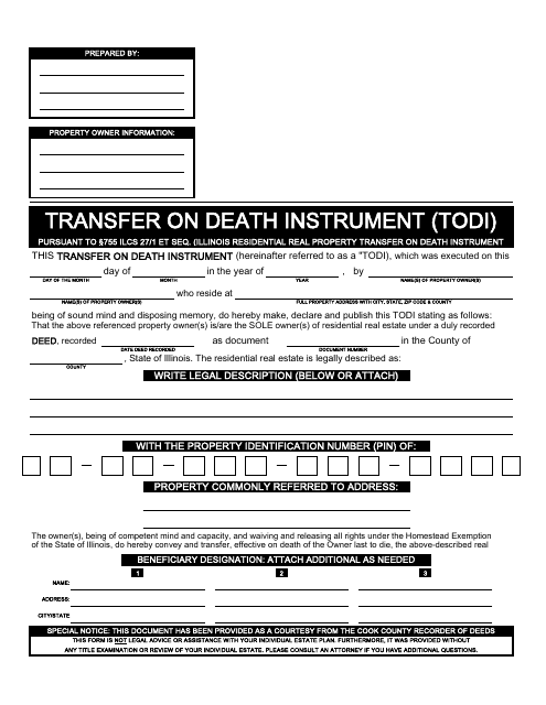 &quot;Transfer on Death Instrument Form&quot; Download Pdf