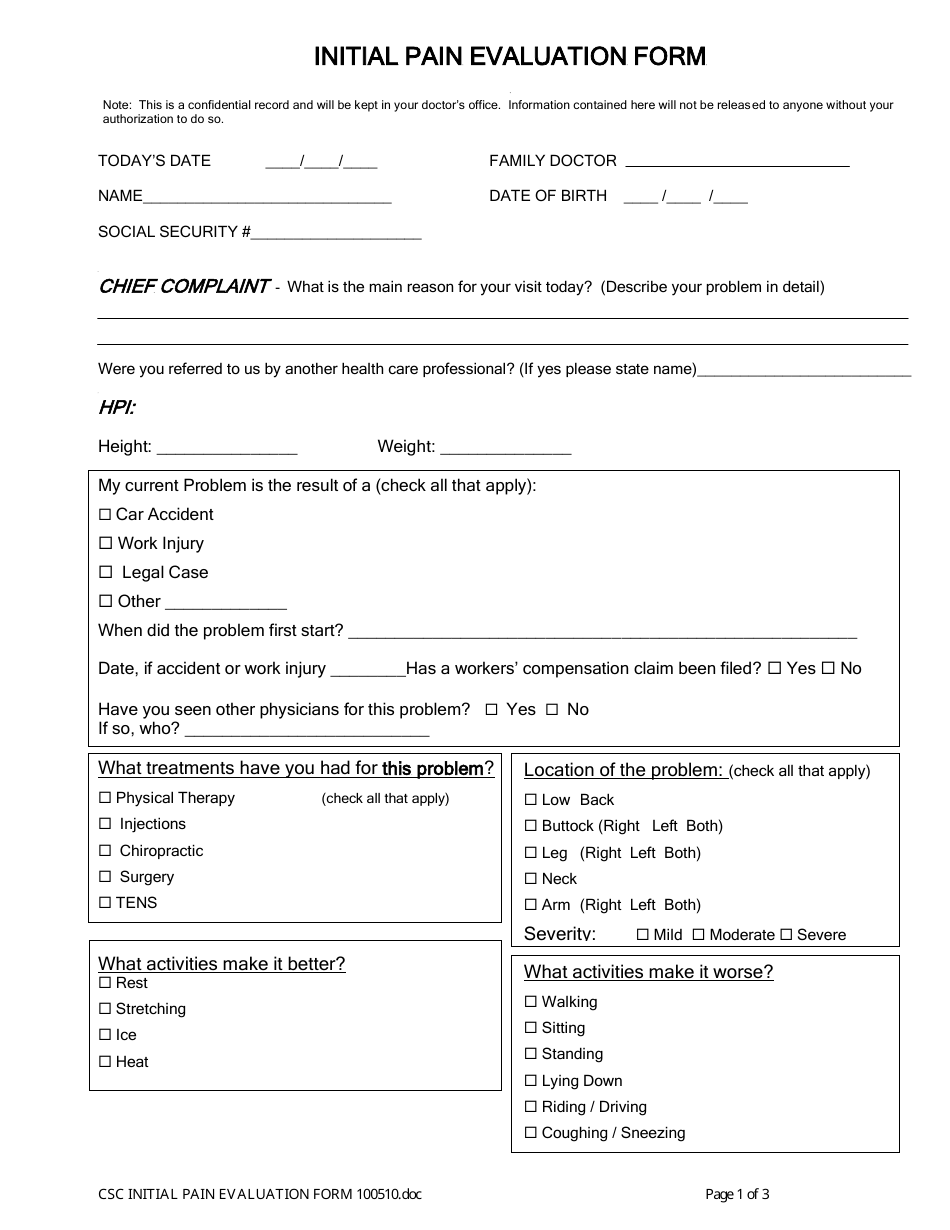 Initial Pain Evaluation Form - Chippewa Valley Orthopedics  Sports Medicine, Page 1