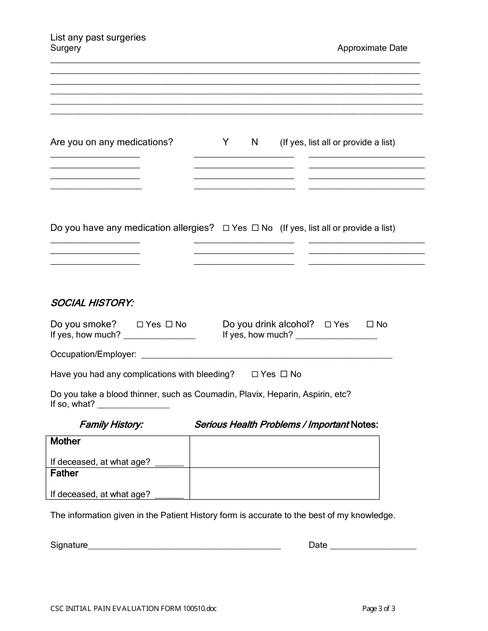 Initial Pain Evaluation Form - Chippewa Valley Orthopedics & Sports ...