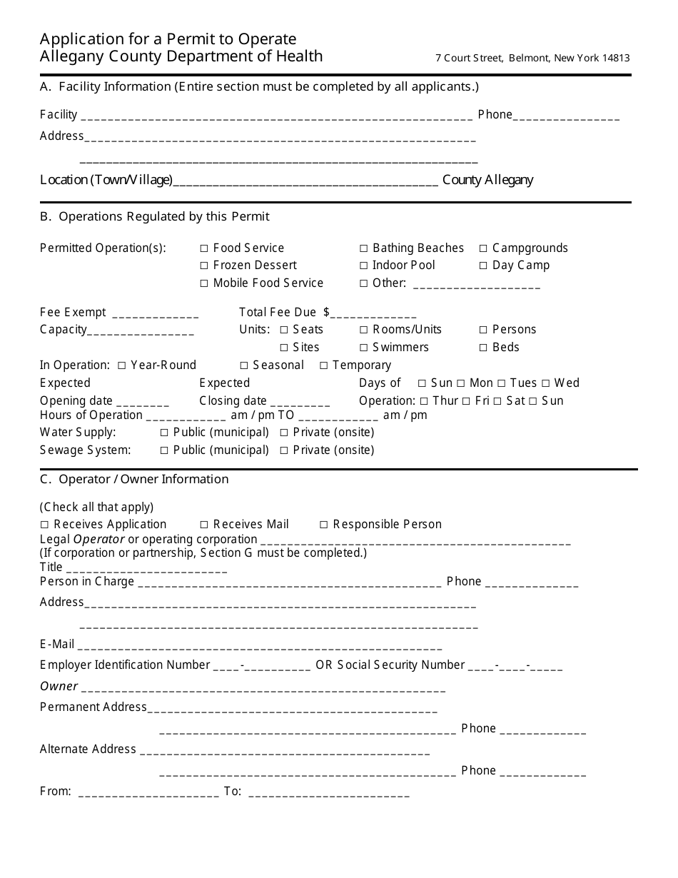 Form ACDOH-101 Application for a Permit to Operate - Allegany County, New York, Page 1