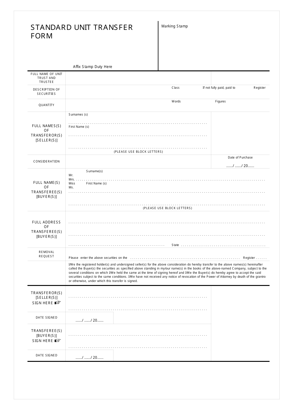 Standard Unit Transfer Form, Page 1