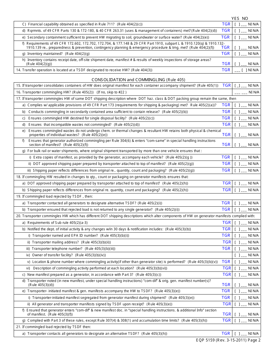 Form EQP5159 Hazardous Waste Transporter Inspection Form - Michigan, Page 2
