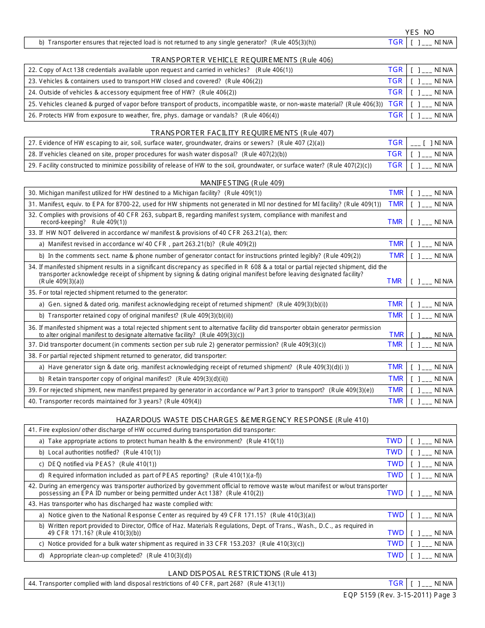 Form EQP5159 Hazardous Waste Transporter Inspection Form - Michigan, Page 3