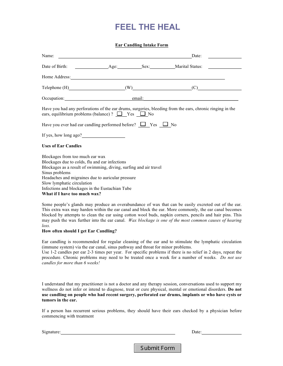 Ear Candling Intake Form - Feel the Heal, Page 1