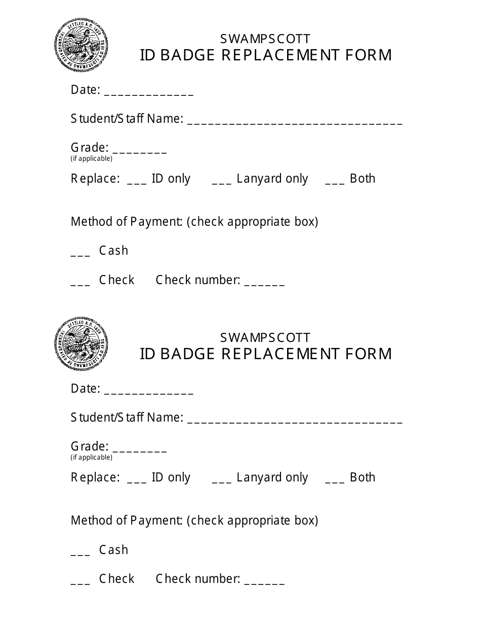 Id Badge Replacement Form - Swampscott Public Schools, Page 1