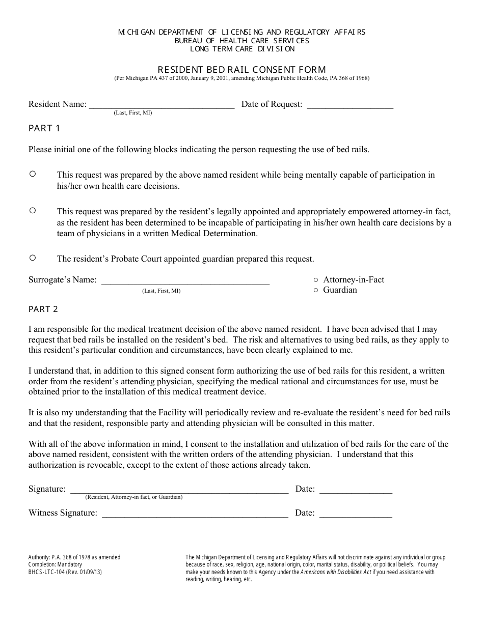 Form BHCS-LTC-104 Resident Bed Rail Consent Form - Michigan, Page 1