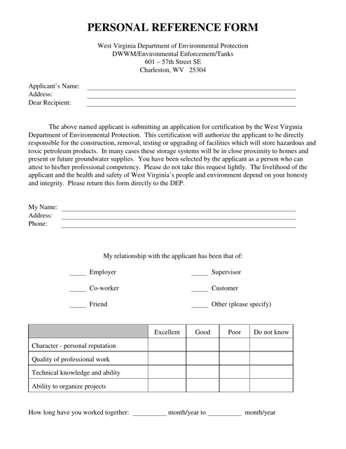 Personal Reference Form - West Virginia