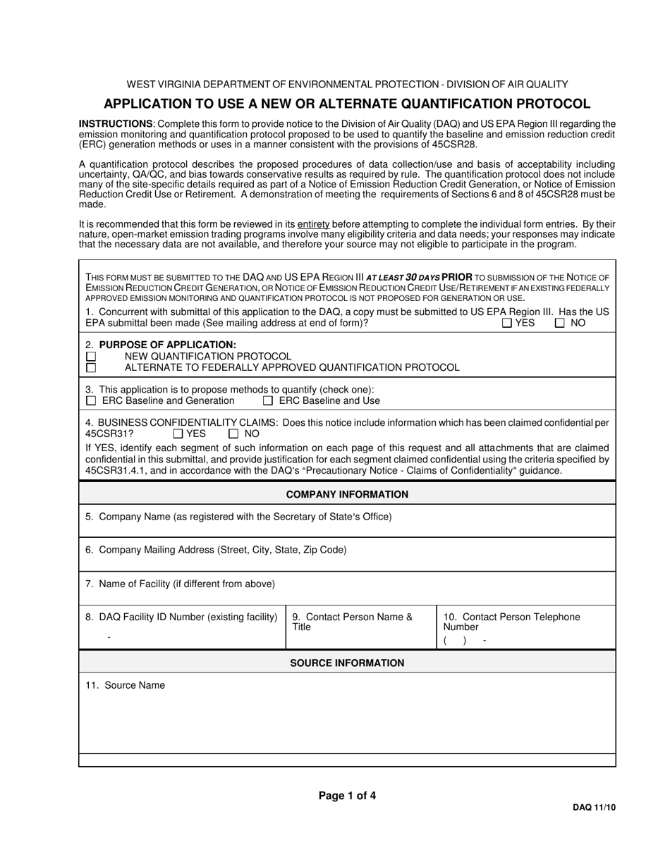 Application to Use a New or Alternate Quantification Protocol - West Virginia, Page 1
