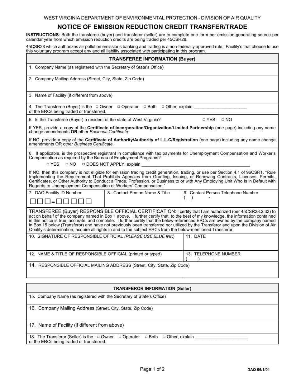 West Virginia Notice of Emission Reduction Credit Transfer/Trade - Fill ...