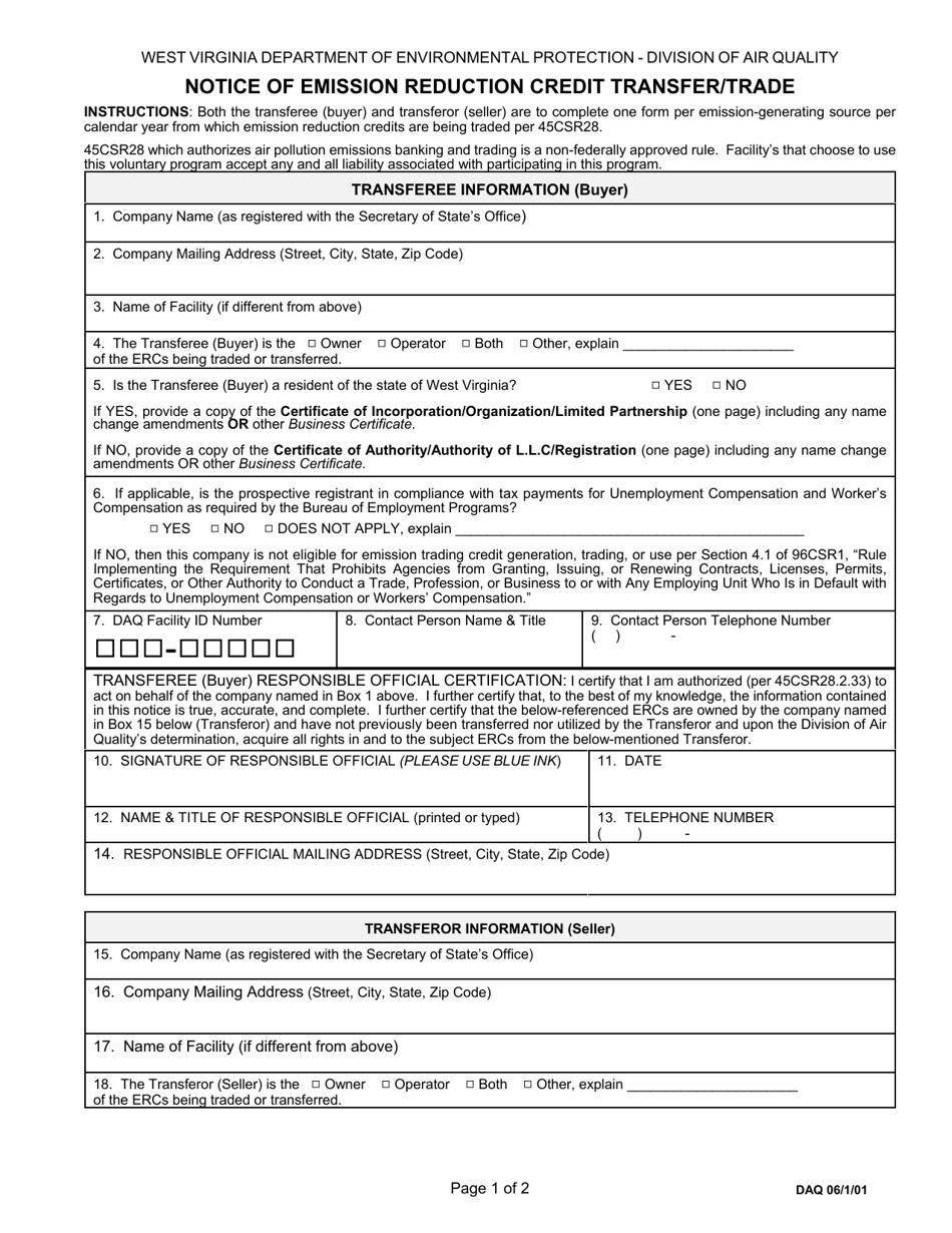 Notice of Emission Reduction Credit Transfer / Trade - West Virginia, Page 1