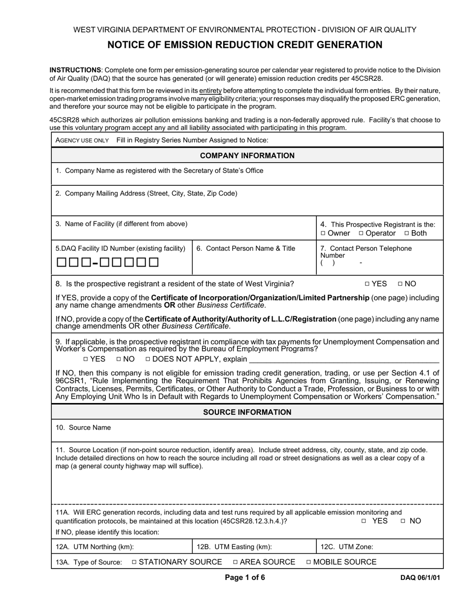 Notice of Emission Reduction Credit Generation - West Virginia, Page 1