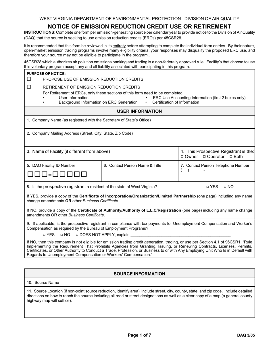 Notice of Emission Reduction Credit Use or Retirement - West Virginia, Page 1