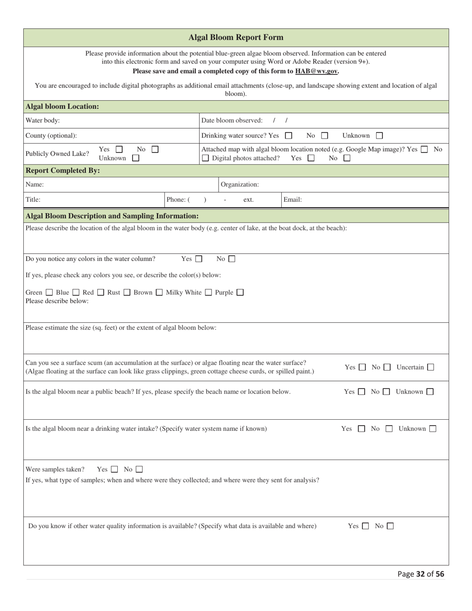 Algal Bloom Report Form - West Virginia, Page 1