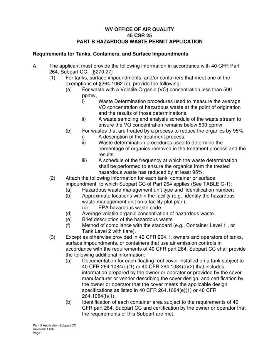 Subpart Part B Hazardous Waste Permit Application - Tanks, Containers and Surface Impoundments - West Virginia, Page 1