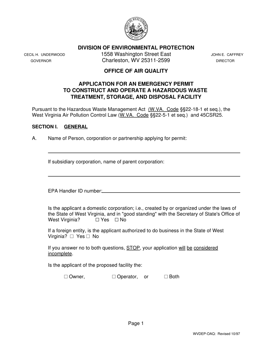 Application for an Emergency Permit to Construct and Operate a Hazardous Waste Treatment, Storage, and Disposal Facility - West Virginia, Page 1