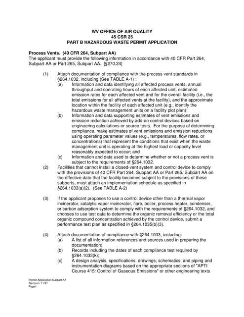 Subpart AA Part B Hazardous Waste Permit Application - Process Vents - West Virginia