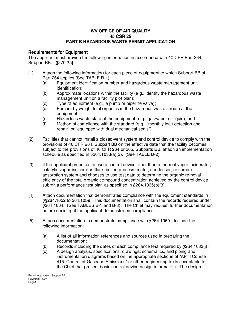 Subpart BB Part B Hazardous Waste Permit Application - Equipment - West Virginia, Page 1