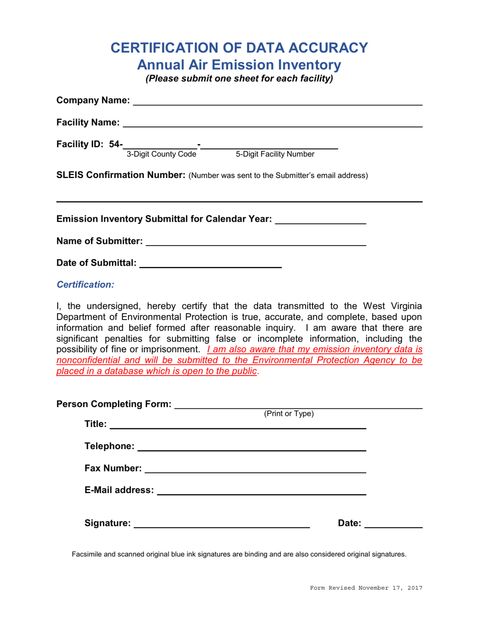 Certification of Data Accuracy - Annual Air Emission Inventory - West Virginia, Page 1