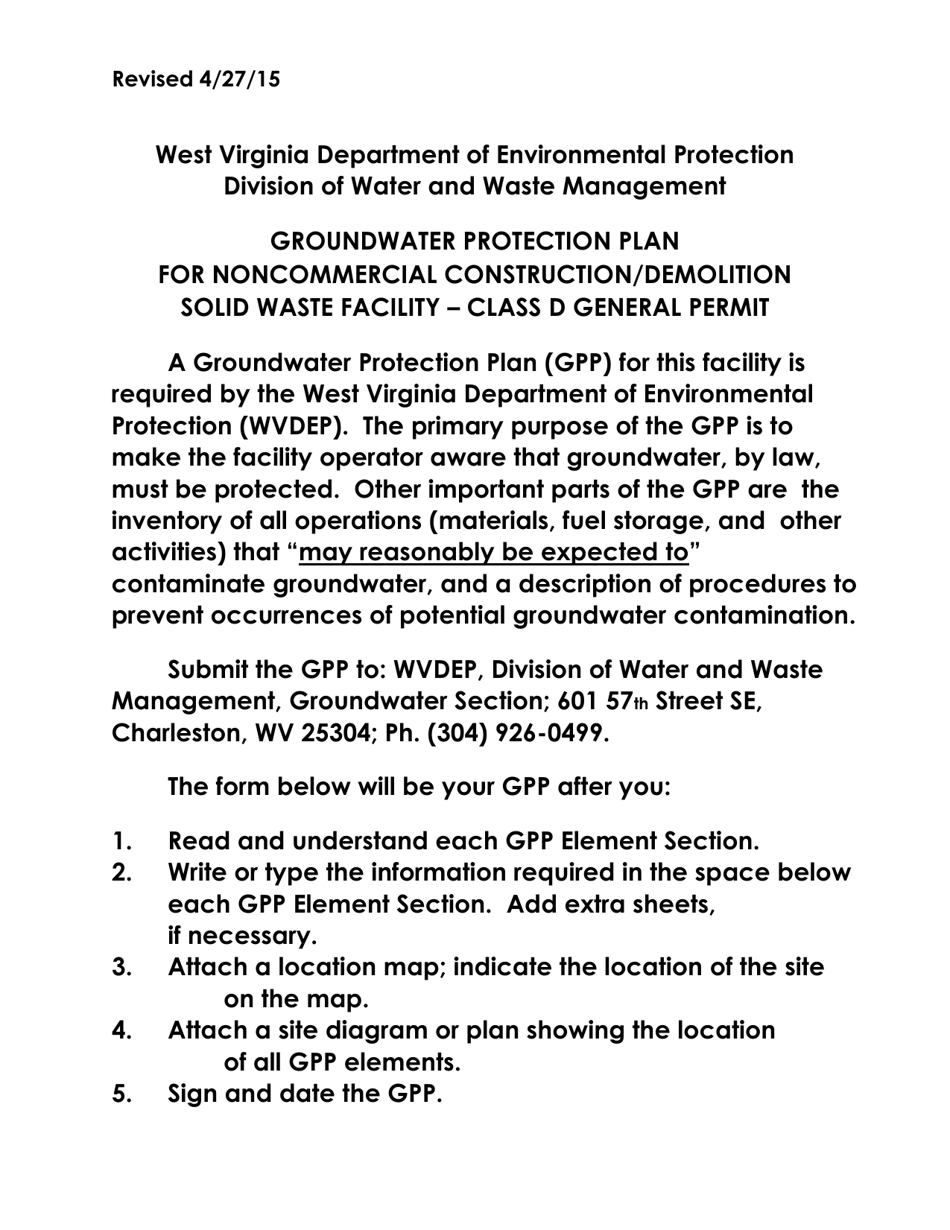 Sample Groundwater Protection Plan for Noncommercial Construction / Demolition Solid Waste Facility - Class D General Permit - West Virginia, Page 1