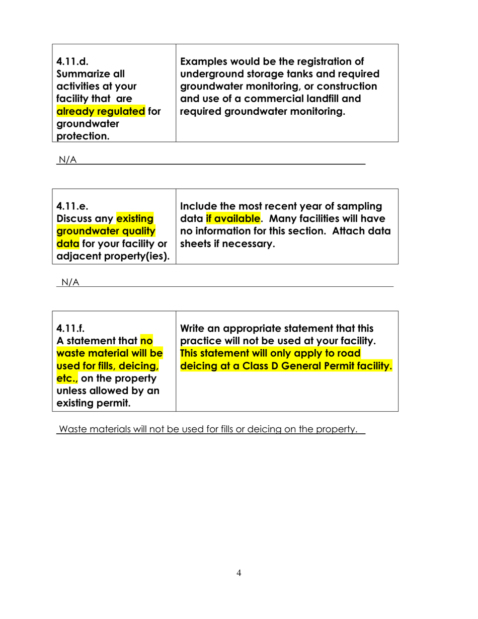 Sample Groundwater Protection Plan for Noncommercial Construction / Demolition Solid Waste Facility - Class D General Permit - West Virginia, Page 4