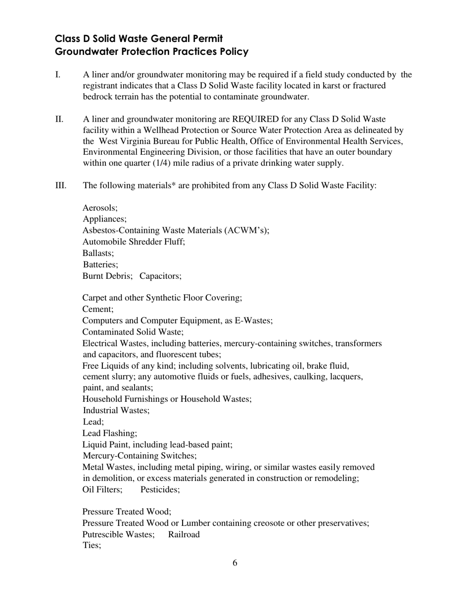 Sample Groundwater Protection Plan for Noncommercial Construction / Demolition Solid Waste Facility - Class D General Permit - West Virginia, Page 6