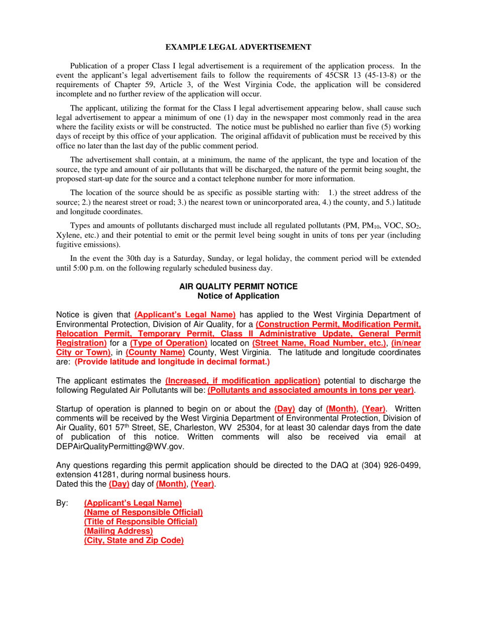 Example Legal Advertisement - Air Quality Permit Notice - West Virginia, Page 1
