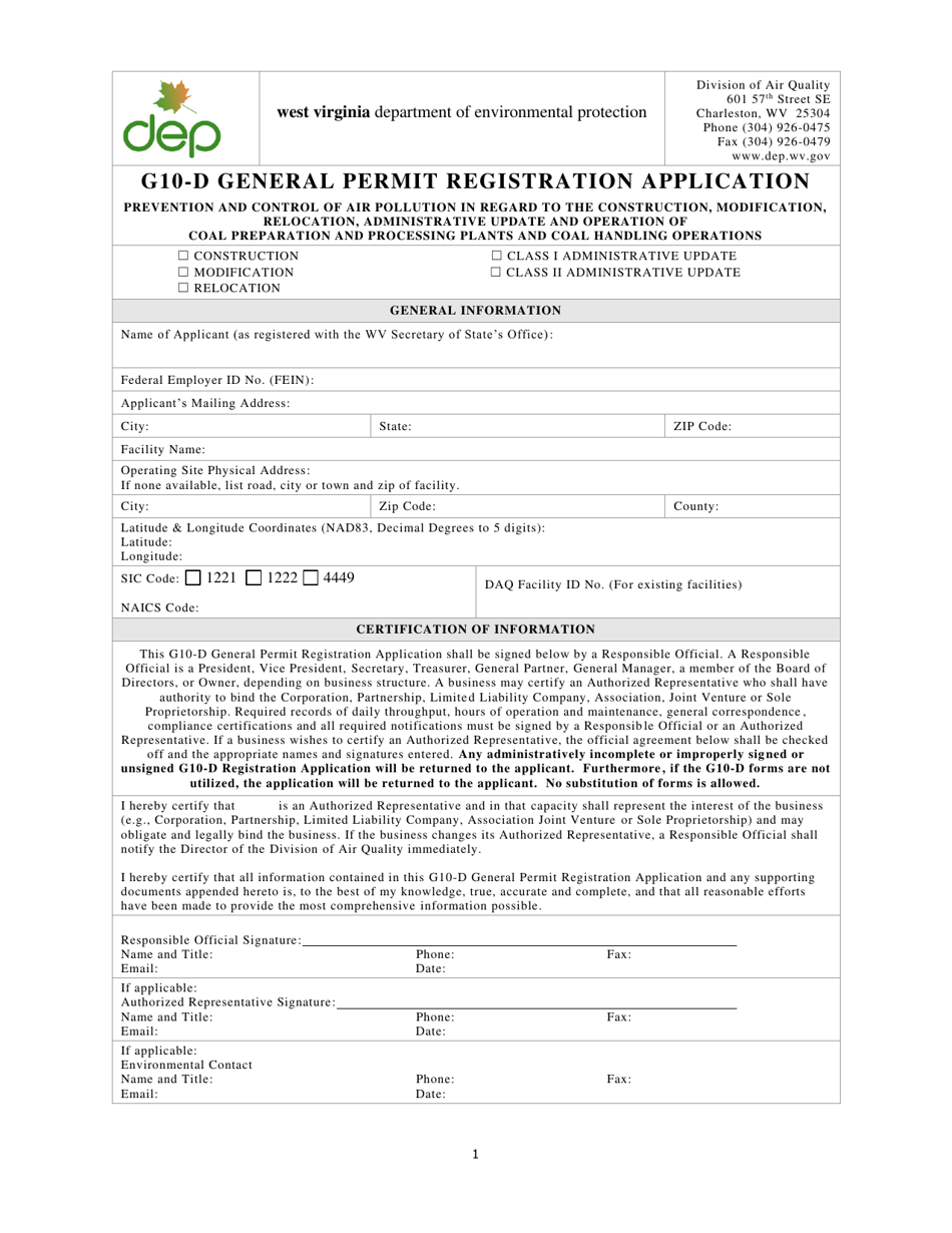 G10-d General Permit Registration Application - West Virginia, Page 1