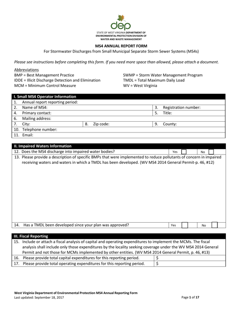 Ms4 Annual Report Form - West Virginia Download Pdf