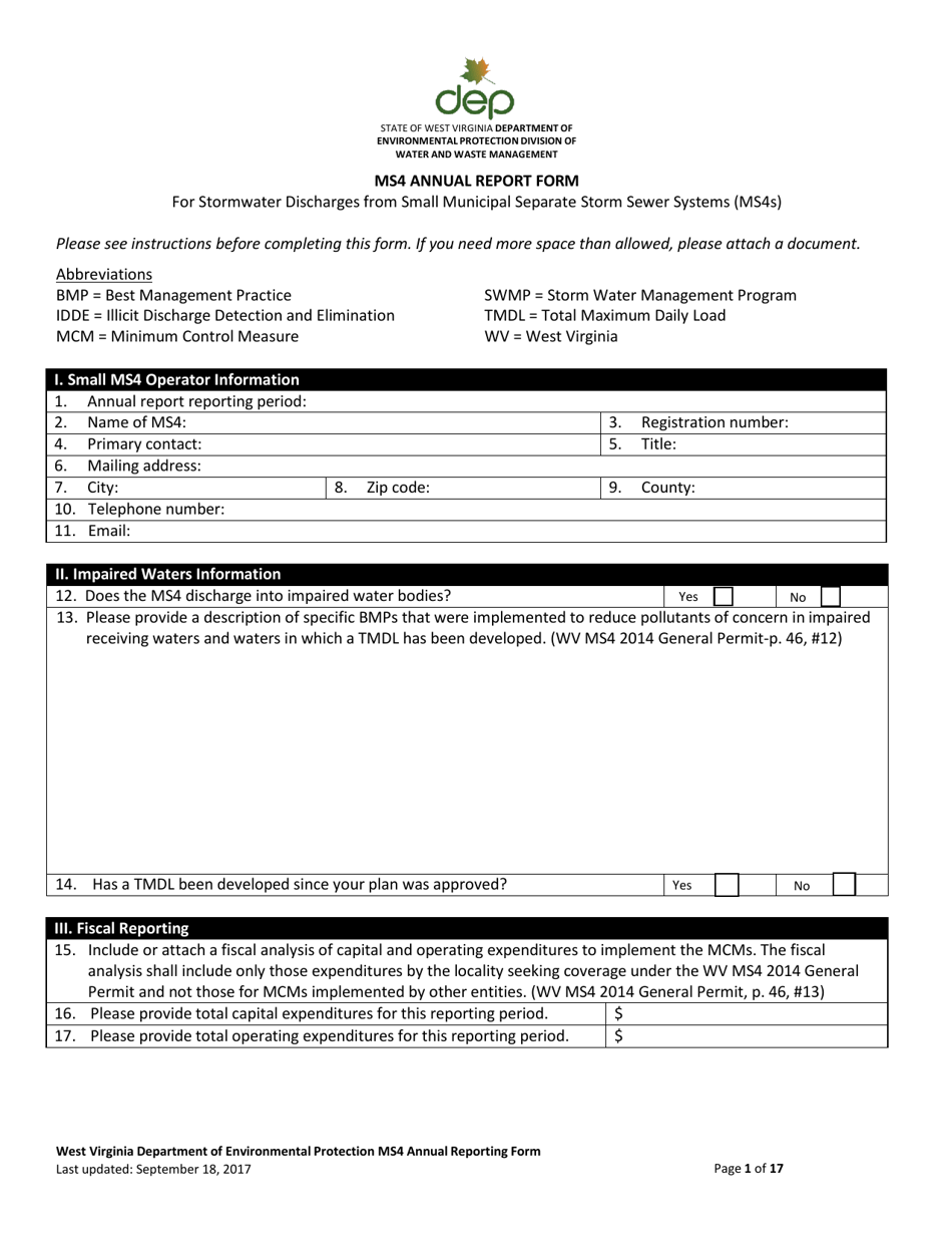 Ms4 Annual Report Form - West Virginia, Page 1