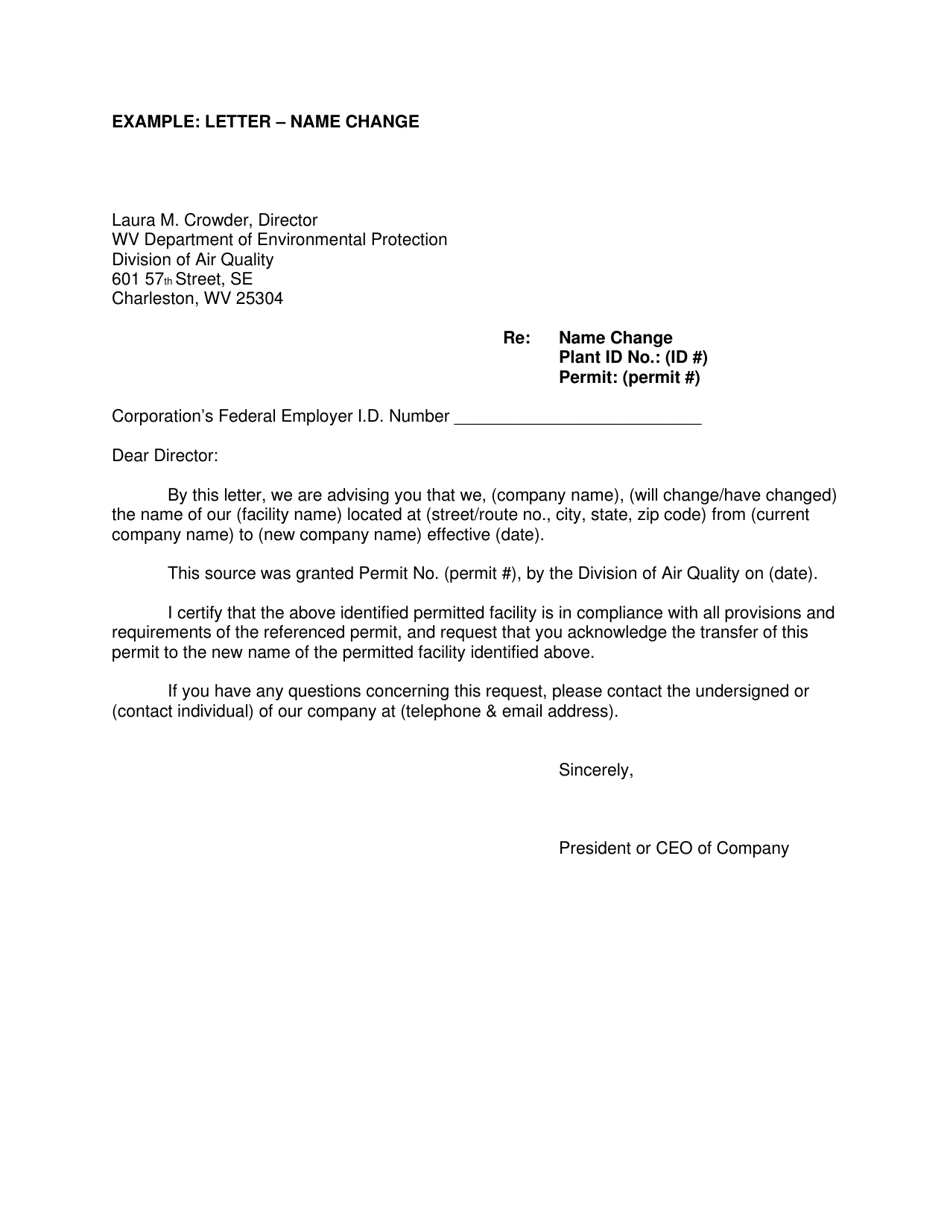 Name Change Sample Letter - West Virginia, Page 1