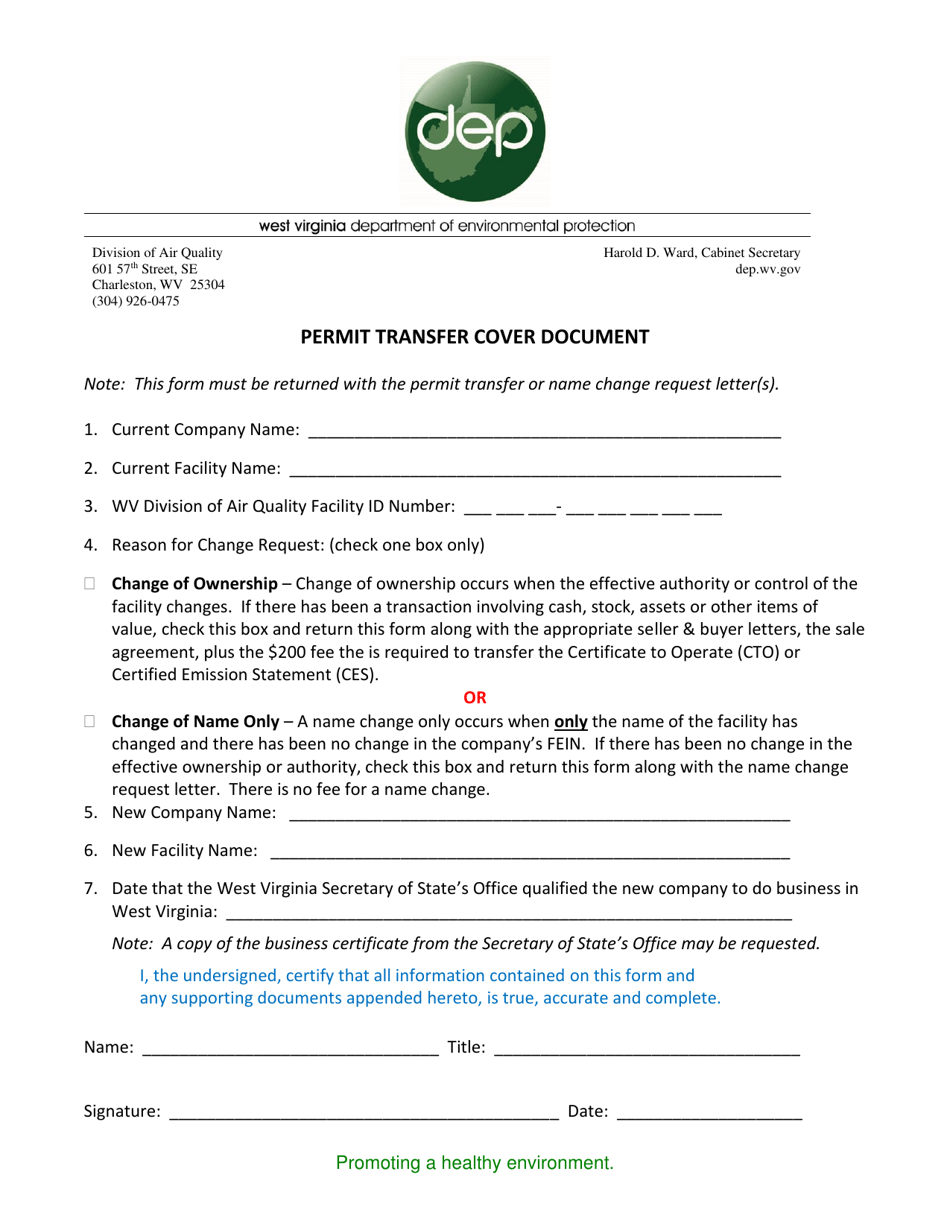 Permit Transfer Cover Document - West Virginia, Page 1