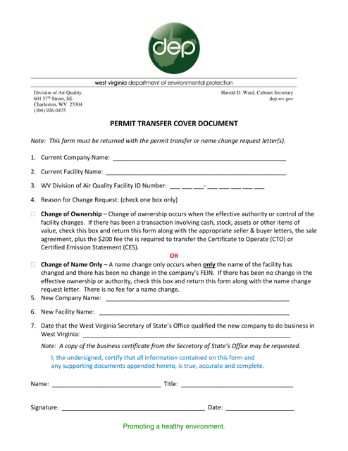 Permit Transfer Cover Document - West Virginia Download Pdf
