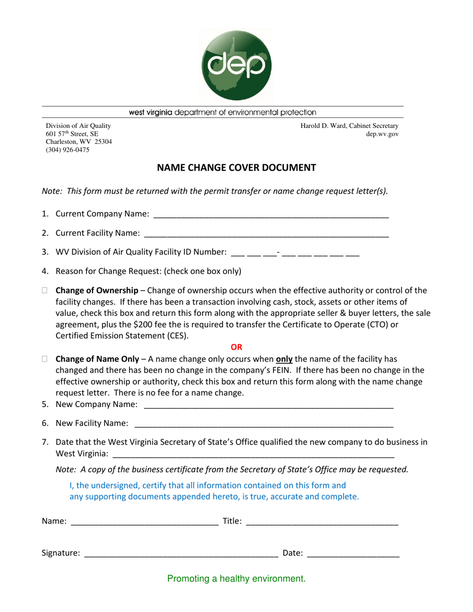 West Virginia Name Change Cover Document Fill Out, Sign Online and