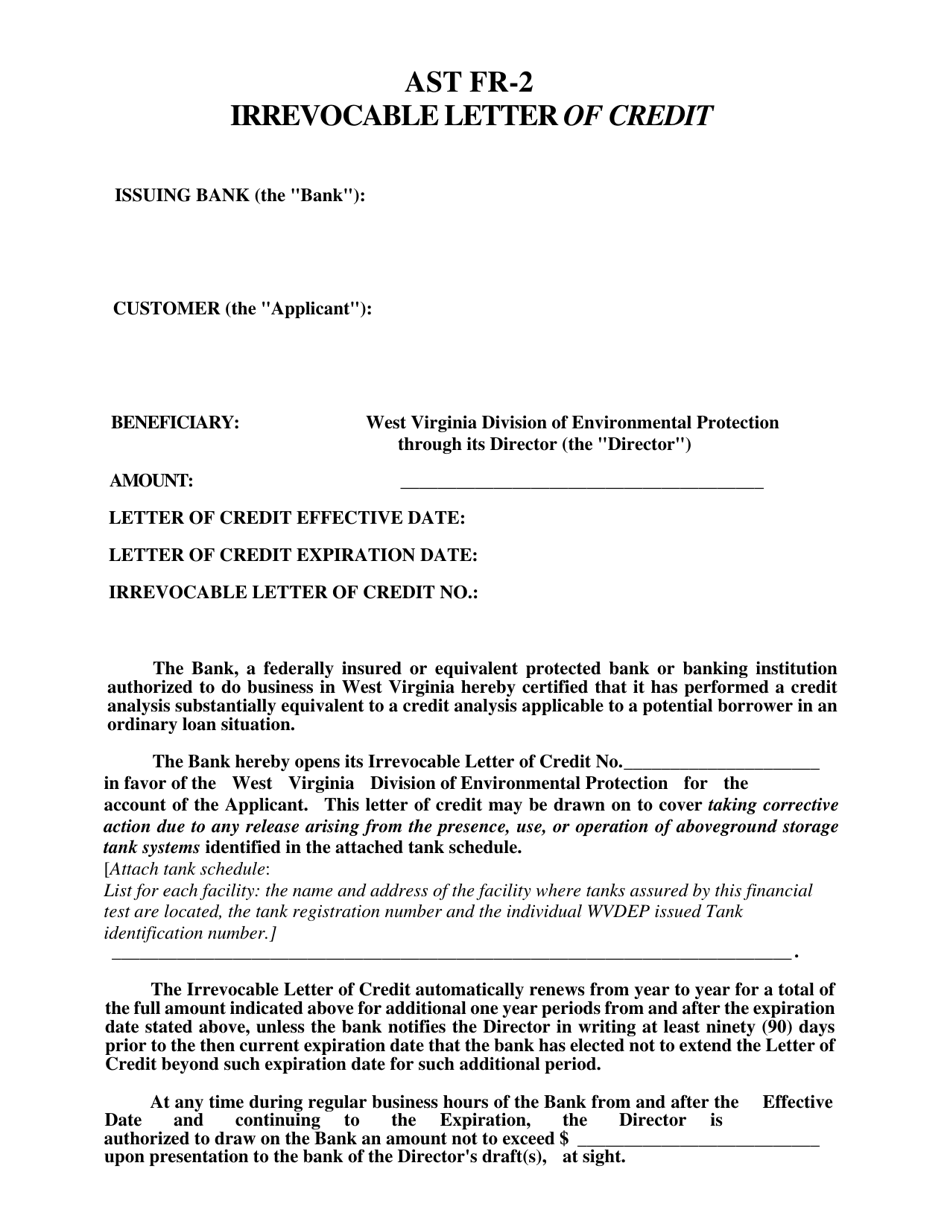 Form AST FR-2 Irrevocable Letter of Credit - West Virginia, Page 1