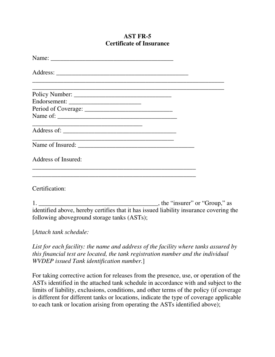 Form AST FR-5 Certificate of Insurance - West Virginia, Page 1