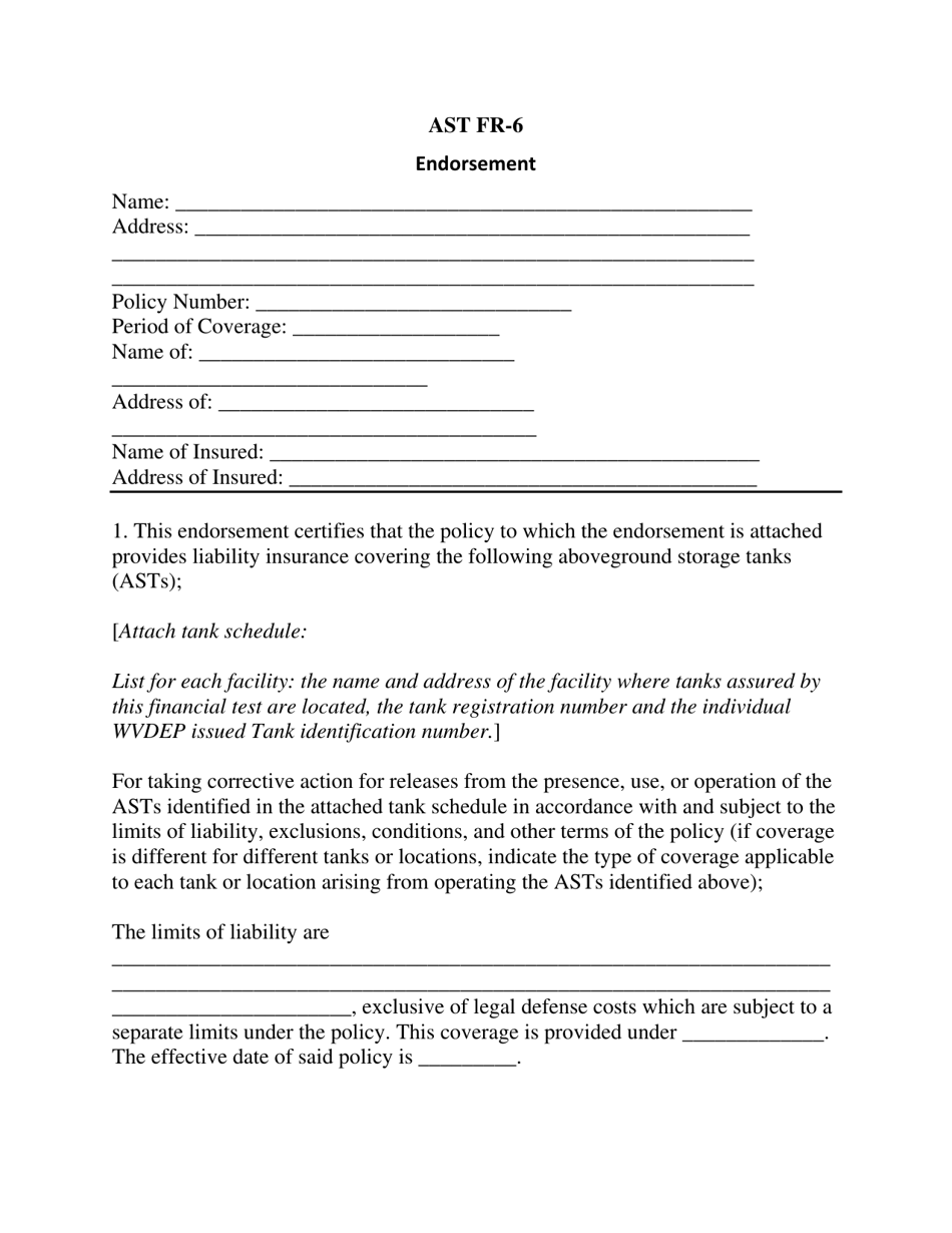 Form AST FR-6 Endorsement - West Virginia, Page 1