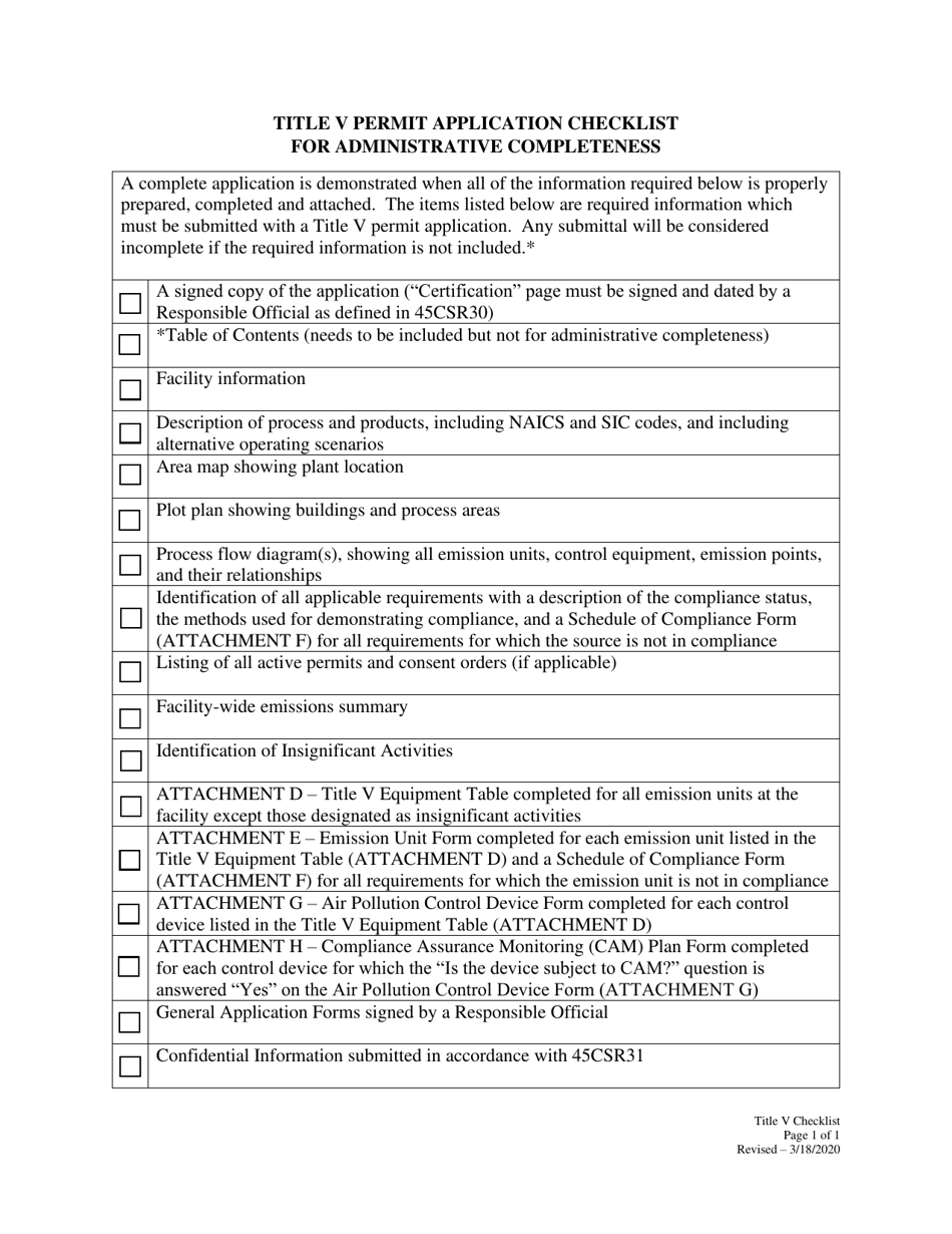 Title V Permit Application Checklist for Administrative Completeness - West Virginia, Page 1