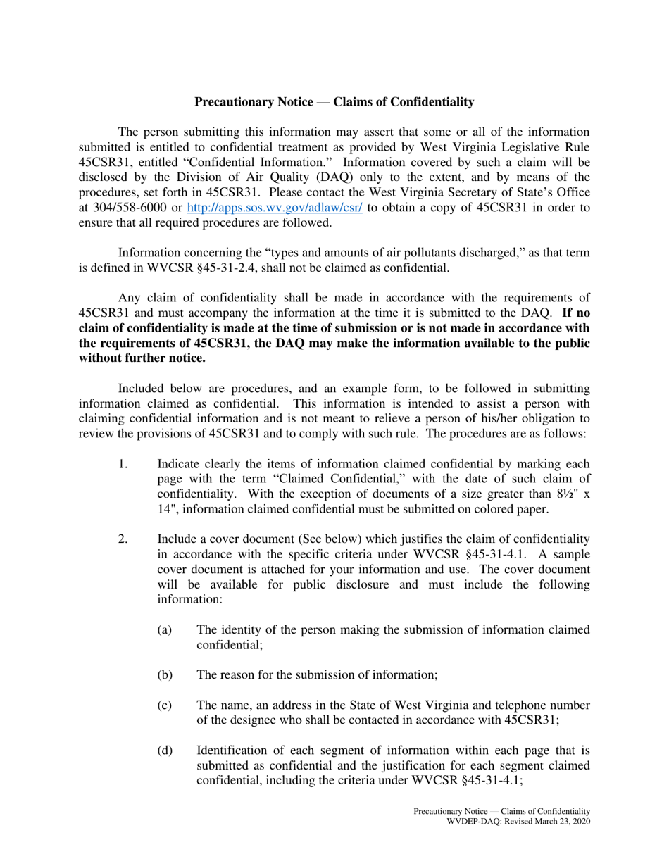 Precautionary Notice - Claims of Confidentiality - West Virginia, Page 1