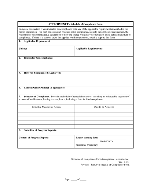 Attachment F Schedule of Compliance Form - West Virginia