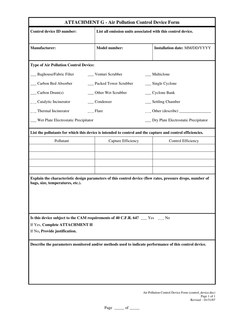 Attachment G Air Pollution Control Device Form - West Virginia, Page 1